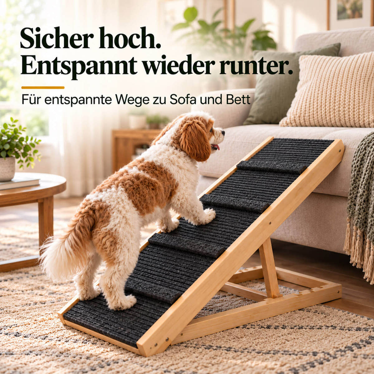 Kleiner Hund läuft im Wohnzimmer über die Hunderampe aus Holz aufs Sofa