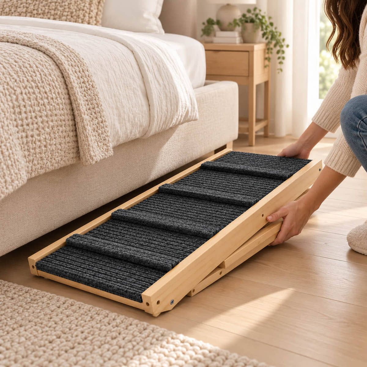 Zusammengeklappte Hunderampe aus Holz wird flach unter das Bett geschoben