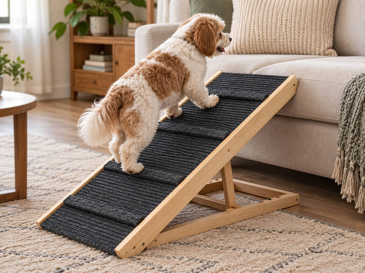 Kleiner Hund klettert im Wohnzimmer über die Hunderampe aus Holz aufs Sofa