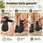 PawGuard Hundeschuhe anziehen in drei Schritten: Schuh öffnen, Pfote hineinführen, Klettverschluss anpassen