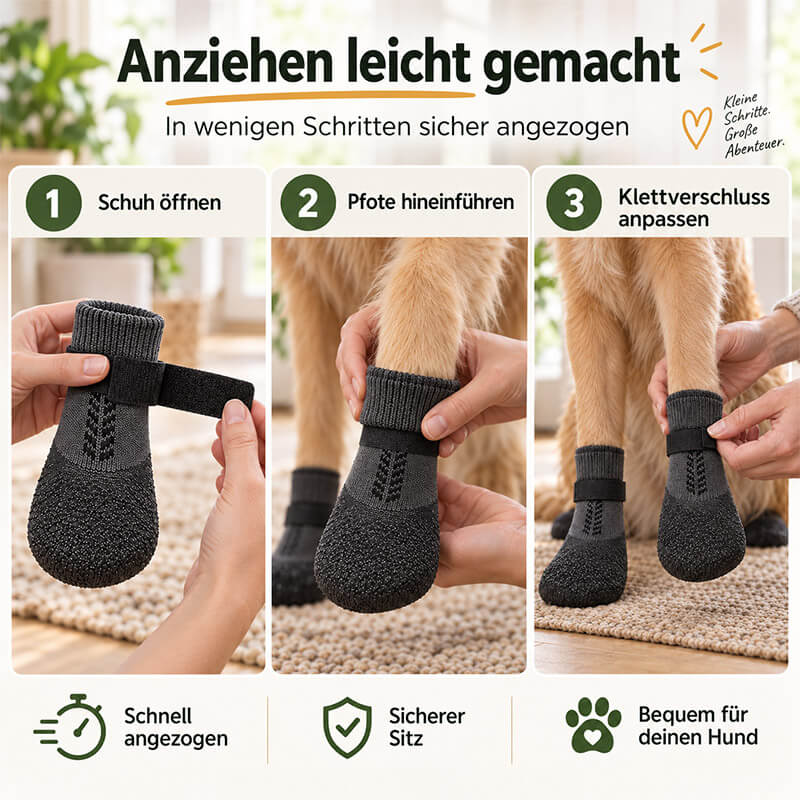 PawGuard Hundeschuhe anziehen in drei Schritten: Schuh öffnen, Pfote hineinführen, Klettverschluss anpassen