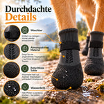 Detailansicht der PawGuard Hundeschuhe mit Strickoberteil, Klettband und Latex-Unterseite
