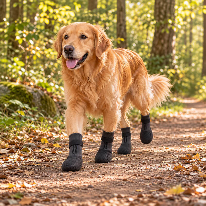 Golden Retriever mit PawGuard Hundeschuhen auf einem Waldweg mit Herbstlaub