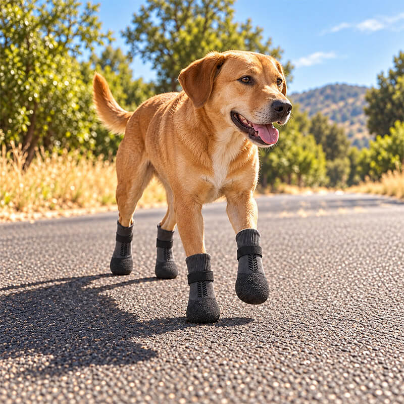 Hund läuft mit PawGuard Hundeschuhen an einem Sommertag über Asphalt