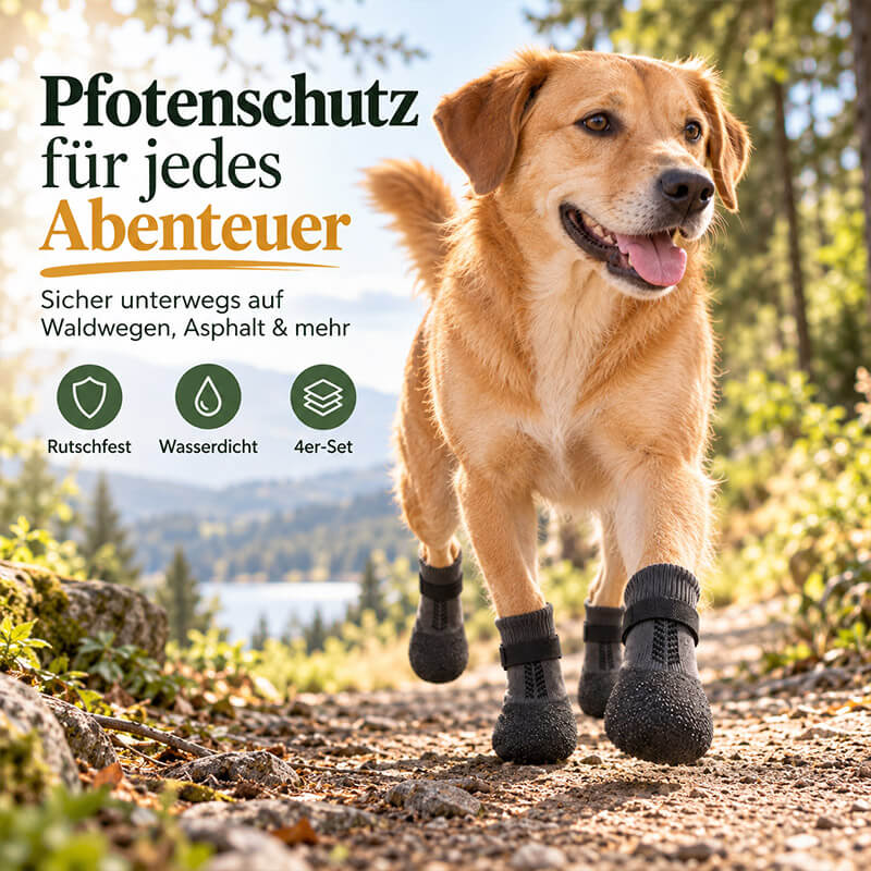 Golden Retriever läuft mit PawGuard Hundeschuhen über einen steinigen Waldweg