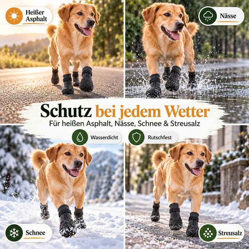 Hund mit PawGuard Hundeschuhen in vier Szenen: auf heißem Asphalt, in Pfützen, im Schnee und auf gestreutem Gehweg