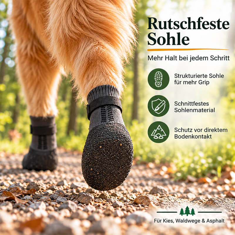Strukturierte Latex-Unterseite des PawGuard Hundeschuhs auf einem Kiesweg