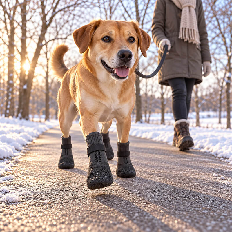 Hund mit PawGuard Hundeschuhen an der Leine auf einem gestreuten Gehweg im Schnee