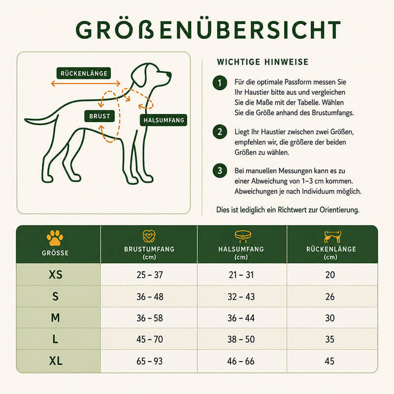 Größentabelle für Hundeschwimmweste mit Brust-, Halsumfang und Rückenlänge für die Größen XS bis XL.