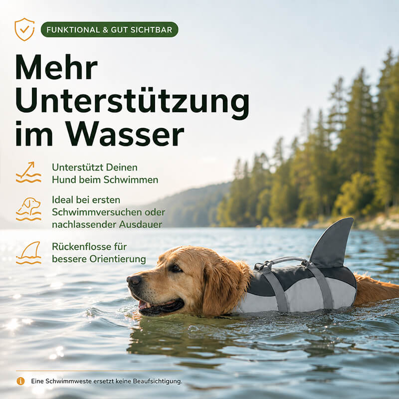 Golden Retriever mit Hundeschwimmweste beim Schwimmen im See.