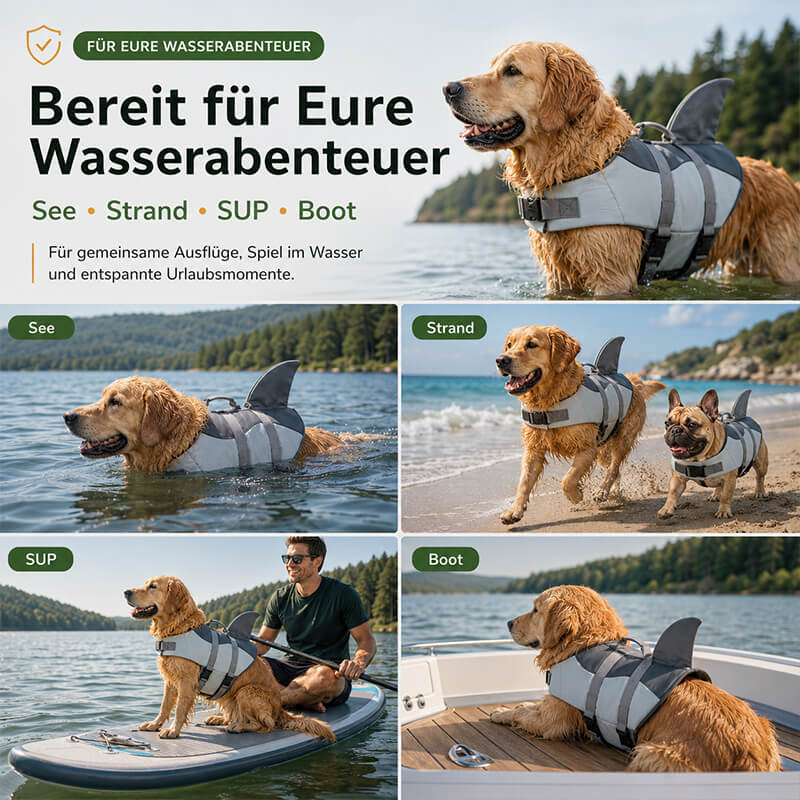 Hundeschwimmweste für gemeinsame Wasserabenteuer am See, Strand, auf dem SUP und im Boot.