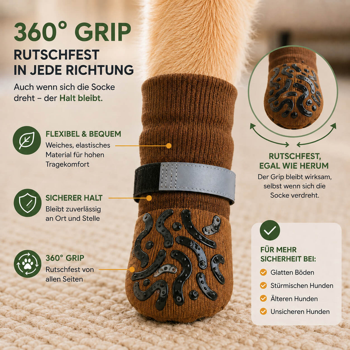 Rutschfeste Hundesocke mit 360° Grip, Klettverschluss und Anti-Rutsch-Beschichtung für zuverlässigen Halt in jeder Richtung