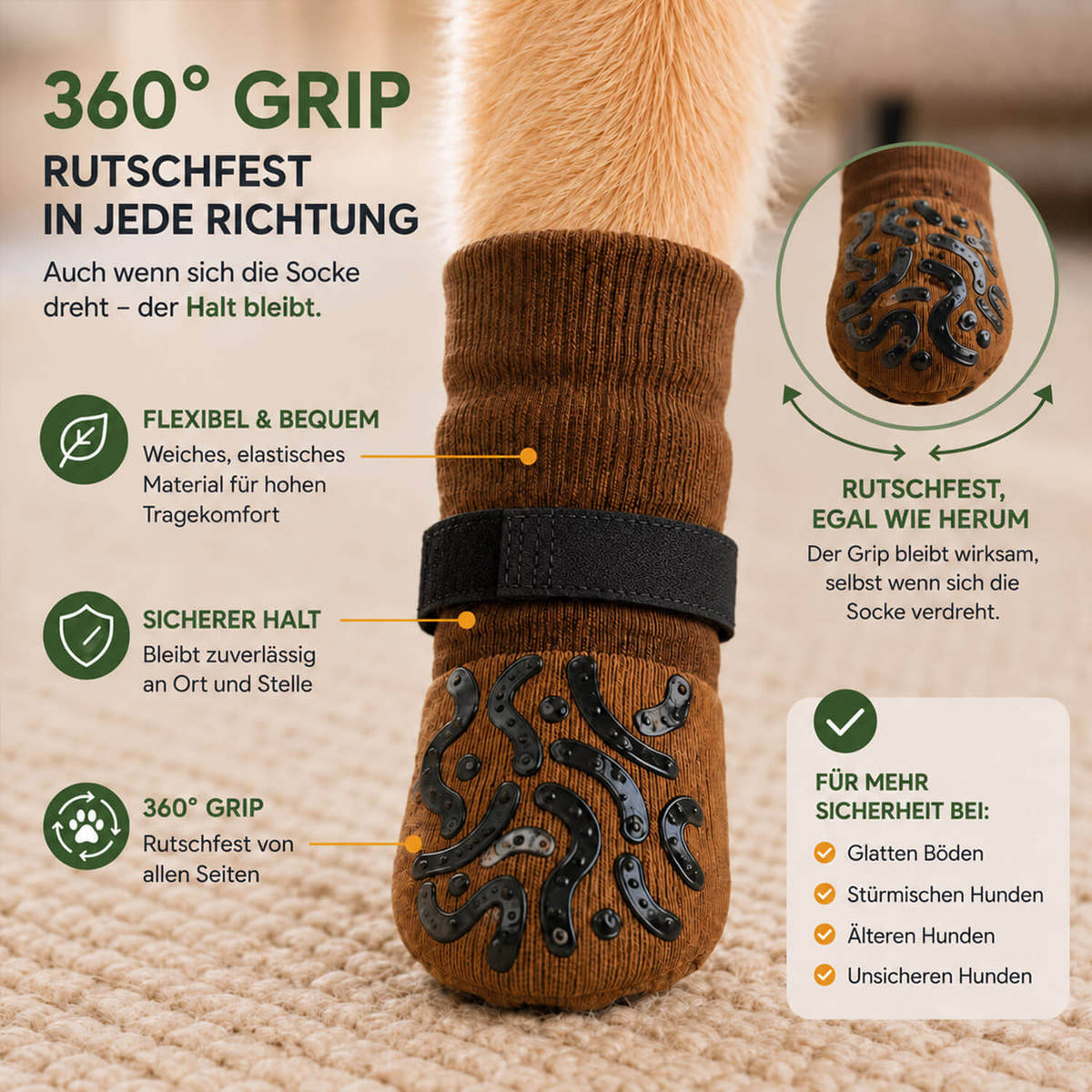 Hundesocke mit 360° Grip: Die Silikon-Noppen halten rundum, auch wenn sich die Socke am Bein dreht.