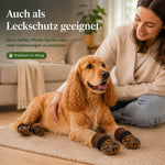 Frau streichelt ihren Hund, der Hundesocken als Leckschutz trägt – zum Abdecken der Pfoten bei Wunden oder Verletzungen.