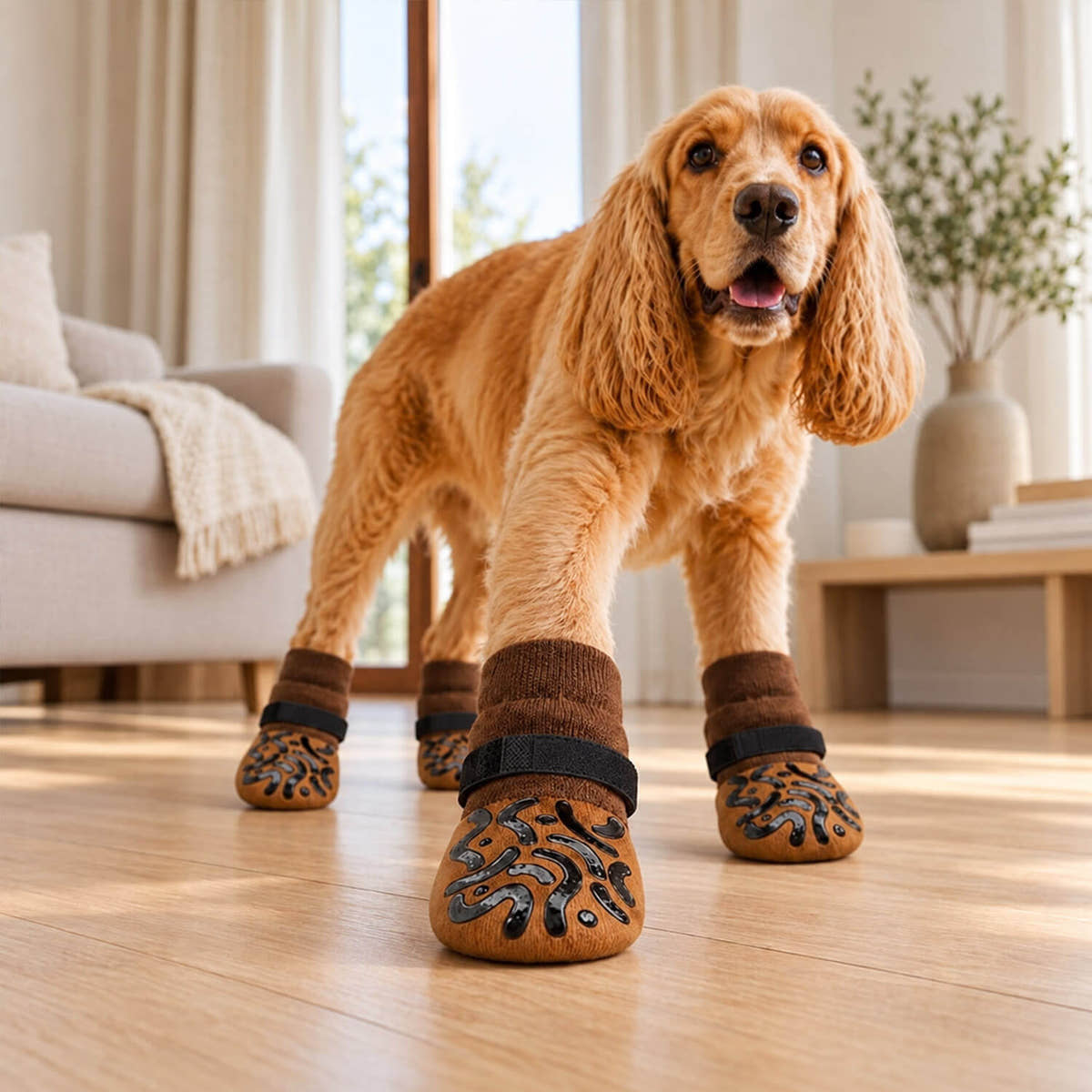 Hund mit Hundesocken steht auf Parkett – die Socken schützen den Boden vor Kratzern und geben den Pfoten Halt.