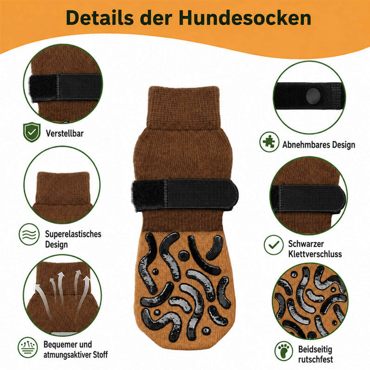 Details der Hundesocken: verstellbarer schwarzer Klettverschluss, elastischer Schaft, atmungsaktiver Stoff und beidseitig rutschfeste Noppen.