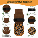 Details der Hundesocken: verstellbarer schwarzer Klettverschluss, elastischer Schaft, atmungsaktiver Stoff und beidseitig rutschfeste Noppen.