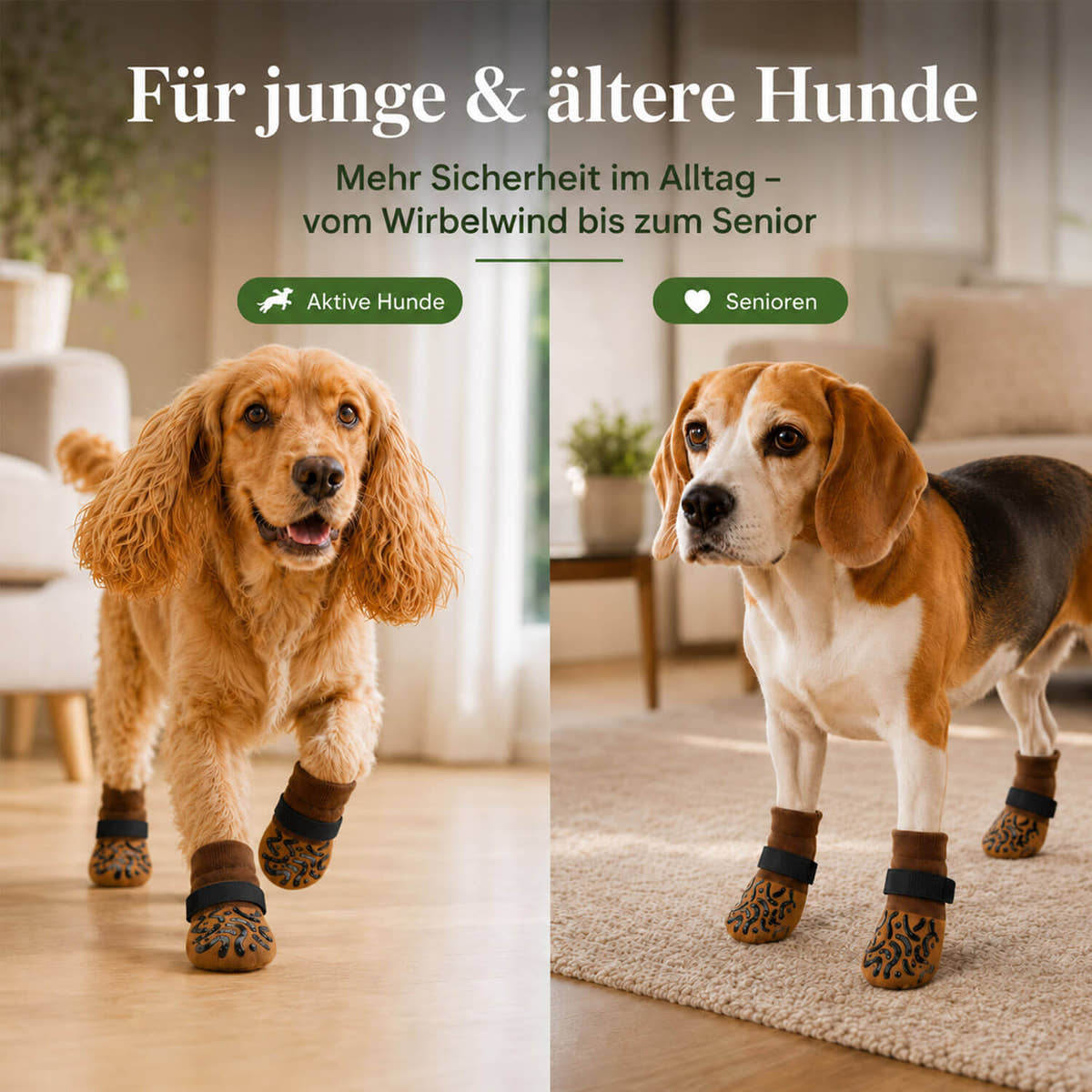 Junger Cocker Spaniel und älterer Beagle tragen rutschfeste Hundesocken für mehr Trittsicherheit im Alltag.