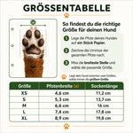 Größentabelle für Hundesocken von XS bis XL mit Pfotenbreite und Sockenlänge sowie Anleitung zum Messen der Hundepfote.