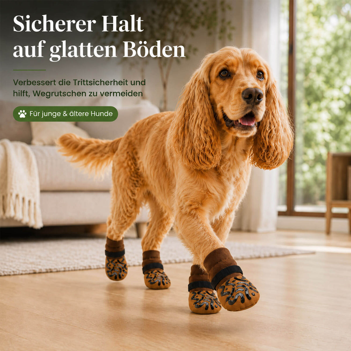 Cocker Spaniel läuft mit rutschfesten Hundesocken sicher über Parkett – mehr Halt auf glatten Böden.