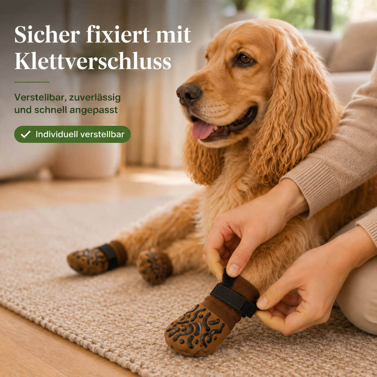 Hundesocke wird mit dem schwarzen Klettverschluss am Bein des Hundes fixiert und individuell angepasst.