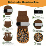 Anleitung in vier Schritten zum richtigen Anziehen und Befestigen der rutschfesten Socken beim Hund.