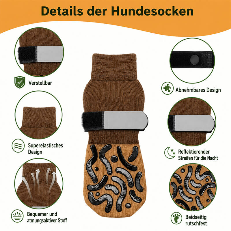 Anleitung in vier Schritten zum richtigen Anziehen und Befestigen der rutschfesten Socken beim Hund.
