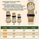 Detaillierte Größentabelle für rutschfeste Hundesocken in den Größen S, M und L. Die Grafik zeigt Maßangaben für Pfotenbreite, Grip-Breite und Länge in Zoll sowie eine Anleitung zum richtigen Messen der Hundepfoten für optimalen Pfotenschutz