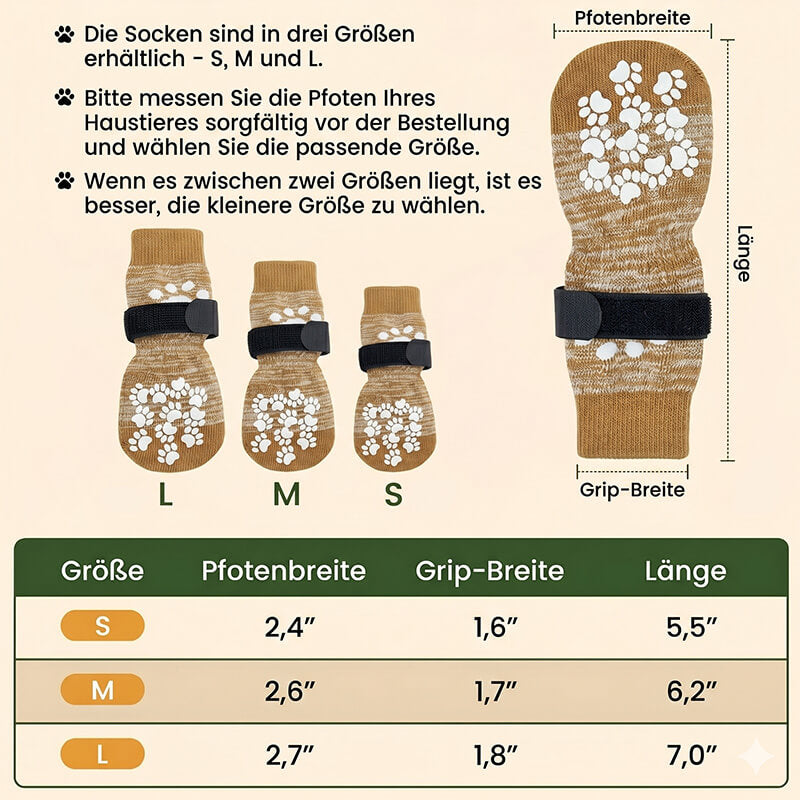 Detaillierte Größentabelle für rutschfeste Hundesocken in den Größen S, M und L. Die Grafik zeigt Maßangaben für Pfotenbreite, Grip-Breite und Länge in Zoll sowie eine Anleitung zum richtigen Messen der Hundepfoten für optimalen Pfotenschutz