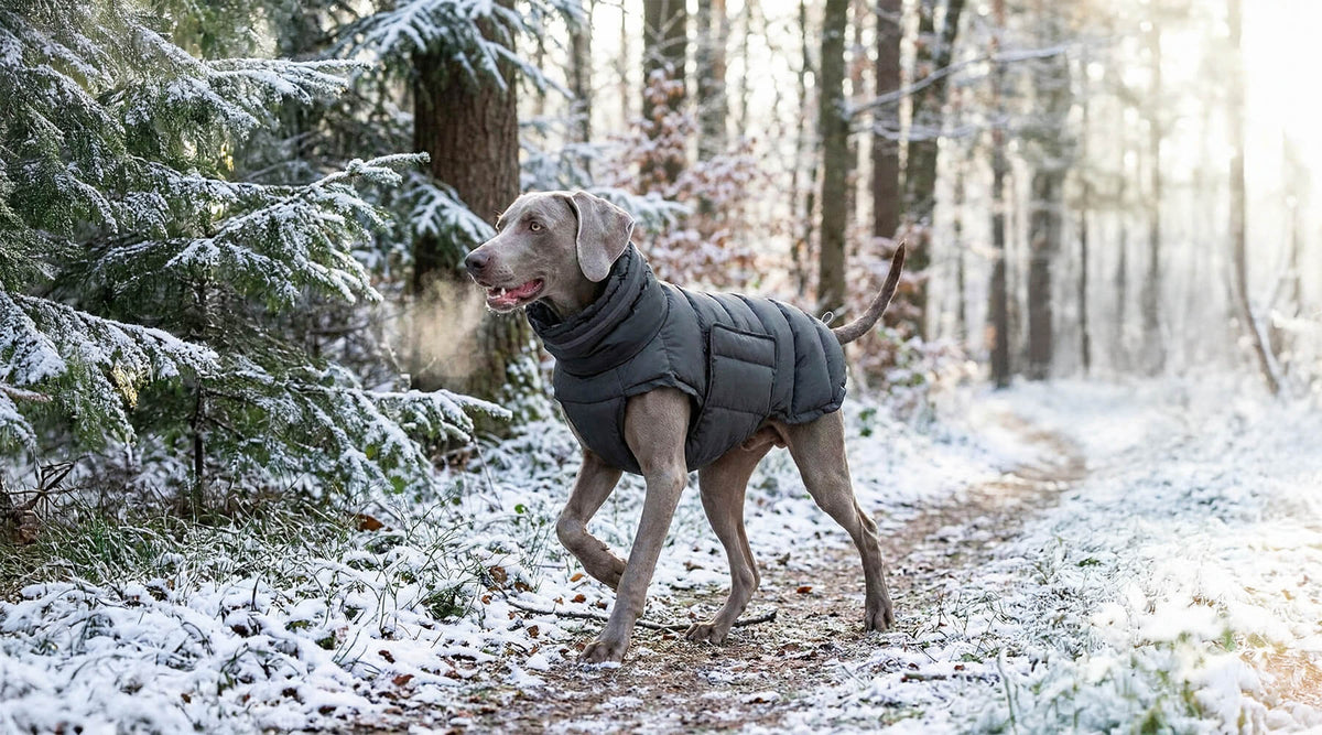 Weimaraner im wasserdichten Wintermantel im verschneiten Wald
