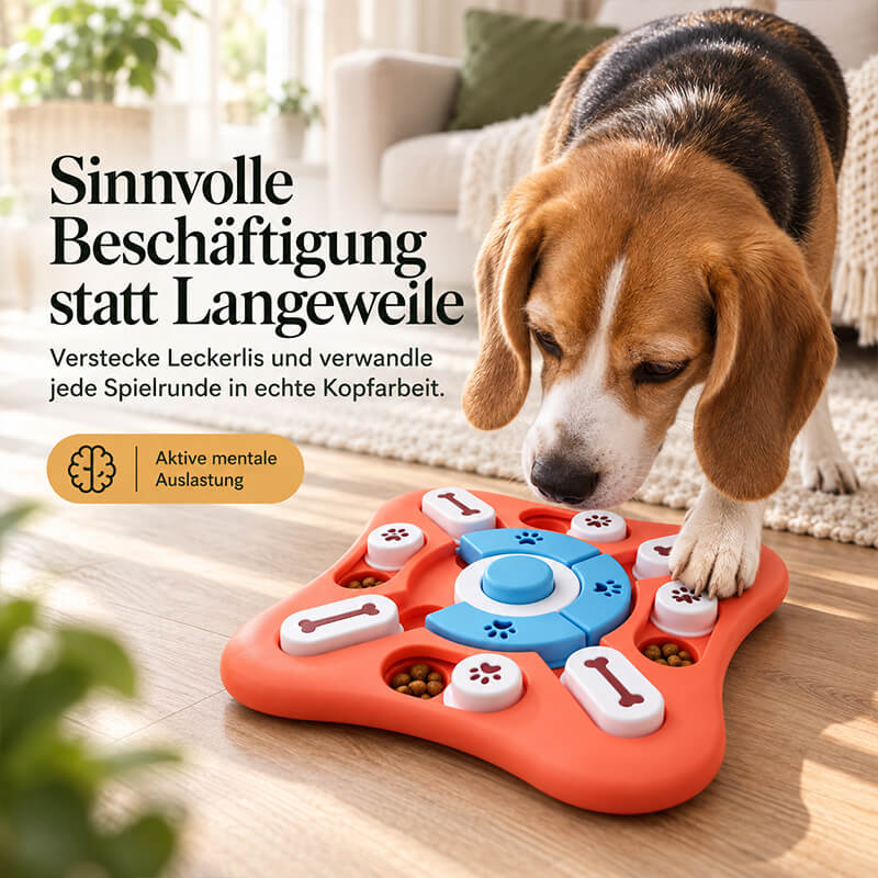 Beagle sucht Leckerlis im roten Intelligenzspielzeug auf dem Wohnzimmerboden