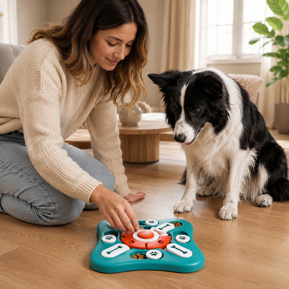 Frau füllt Leckerlis in das türkise Intelligenzspielzeug für Hunde, ein Border Collie wartet daneben