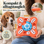Intelligenzspielzeug für Hunde mit 25,5 × 25,5 cm Fläche und 3 cm Höhe, daneben ein Beagle