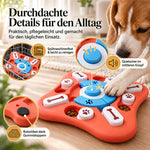 Details am Intelligenzspielzeug: Quietscher im mittleren Knopf, spülmaschinenfest und Gummistopper auf der Unterseite
