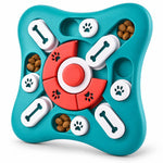 Intelligenzspielzeug für Hunde in Türkis mit rotem Drehrad und Leckerlis in den Fächern
