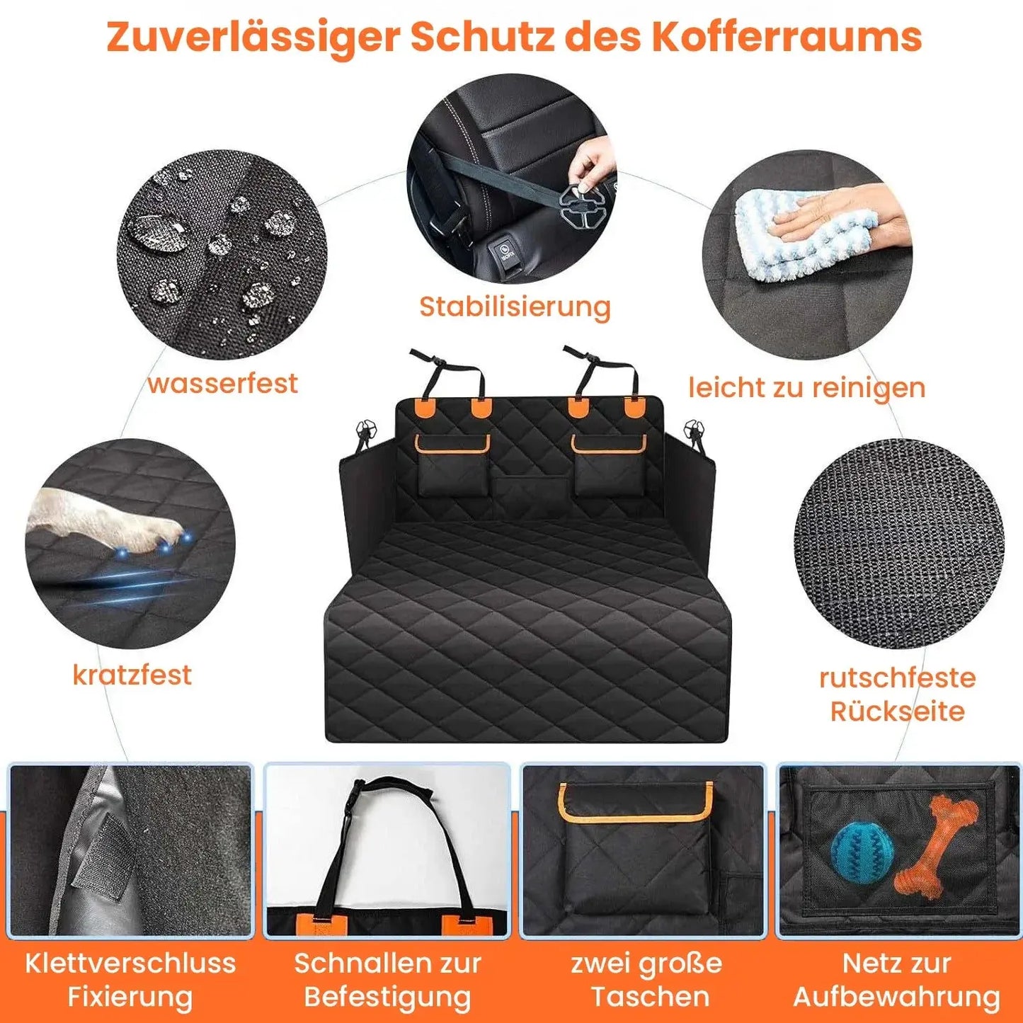 Nahaufnahme wasserfeste Oberfläche & Naht des Hunde Kofferraumschoners – langlebiger Hundeschutz