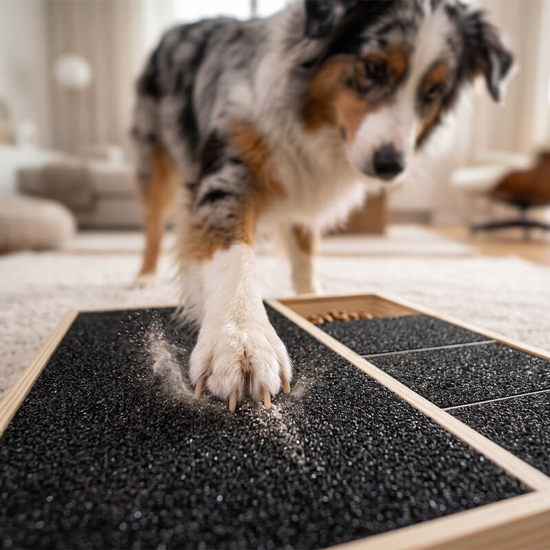 Hund kürzt seine Krallen selbst auf einem Krallenbrett mit großer Kratzfläche für eine kontrollierte und spielerische Krallenpflege.