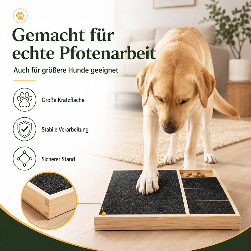 Großer Hund nutzt ein Krallenschleifbrett zum selbstständigen Kürzen der Krallen auf einer stabilen Kratzfläche.