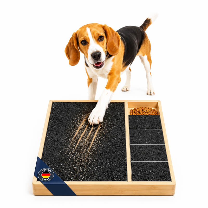 Kratzbrett für Hunde mit Schleiffläche und Leckerli-Fach zum spielerischen Feilen und Kürzen der Hundekrallen.