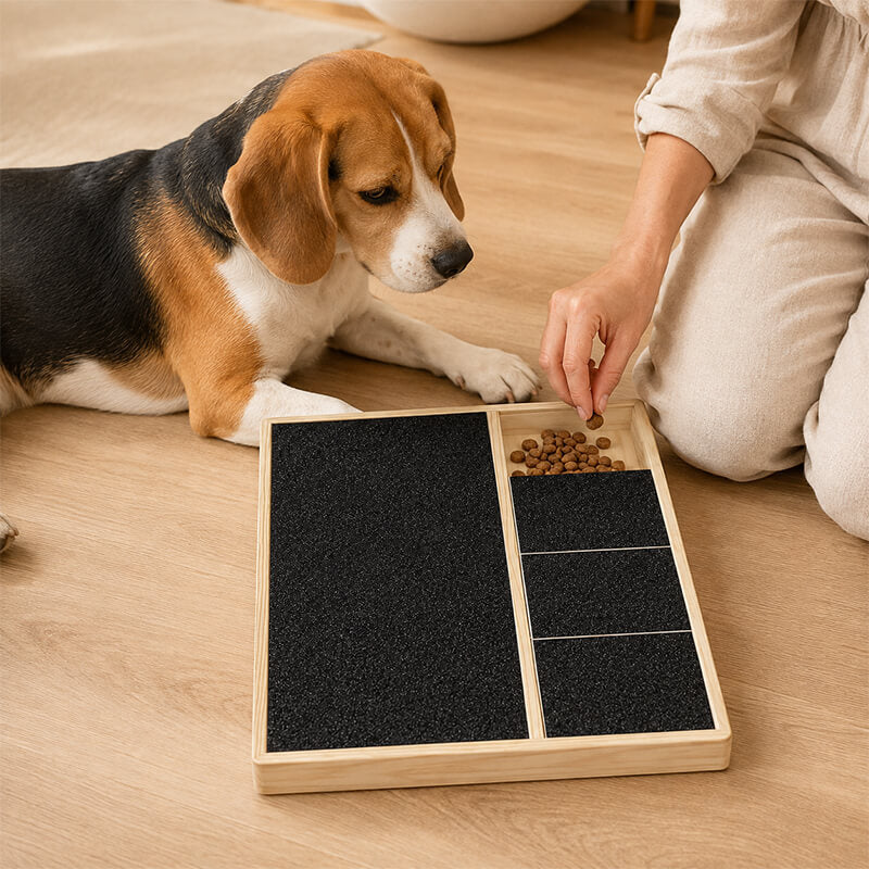 Beagle vor einem Kratzbrett für Hunde mit Leckerli-Fach – Belohnung motiviert zum Kratzen und unterstützt die regelmäßige Krallenpflege.