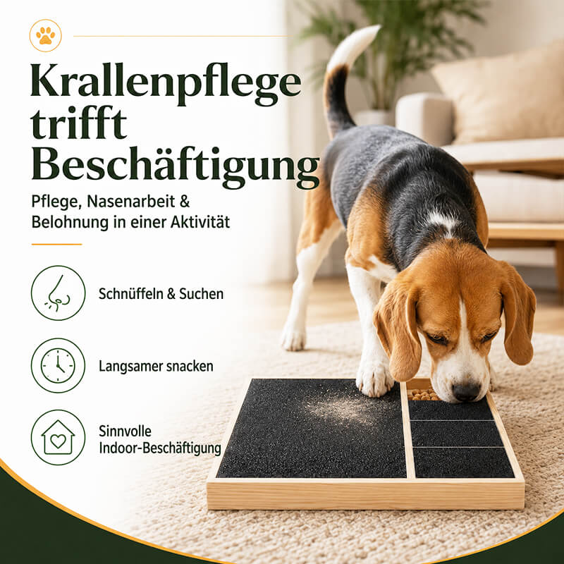 Hund nutzt eine Kratzmatte mit Leckerli-Fach – spielerische Beschäftigung kombiniert mit selbstständiger Krallenpflege.