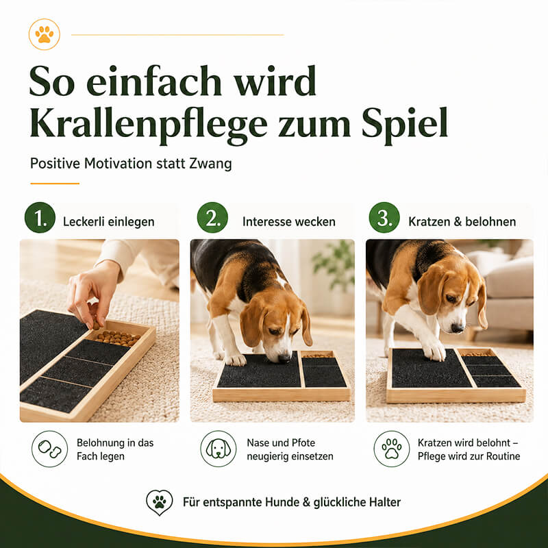 Anwendung des Kratzpads für Hunde: Leckerli einlegen, Interesse wecken und den Hund seine Krallen spielerisch feilen lassen.