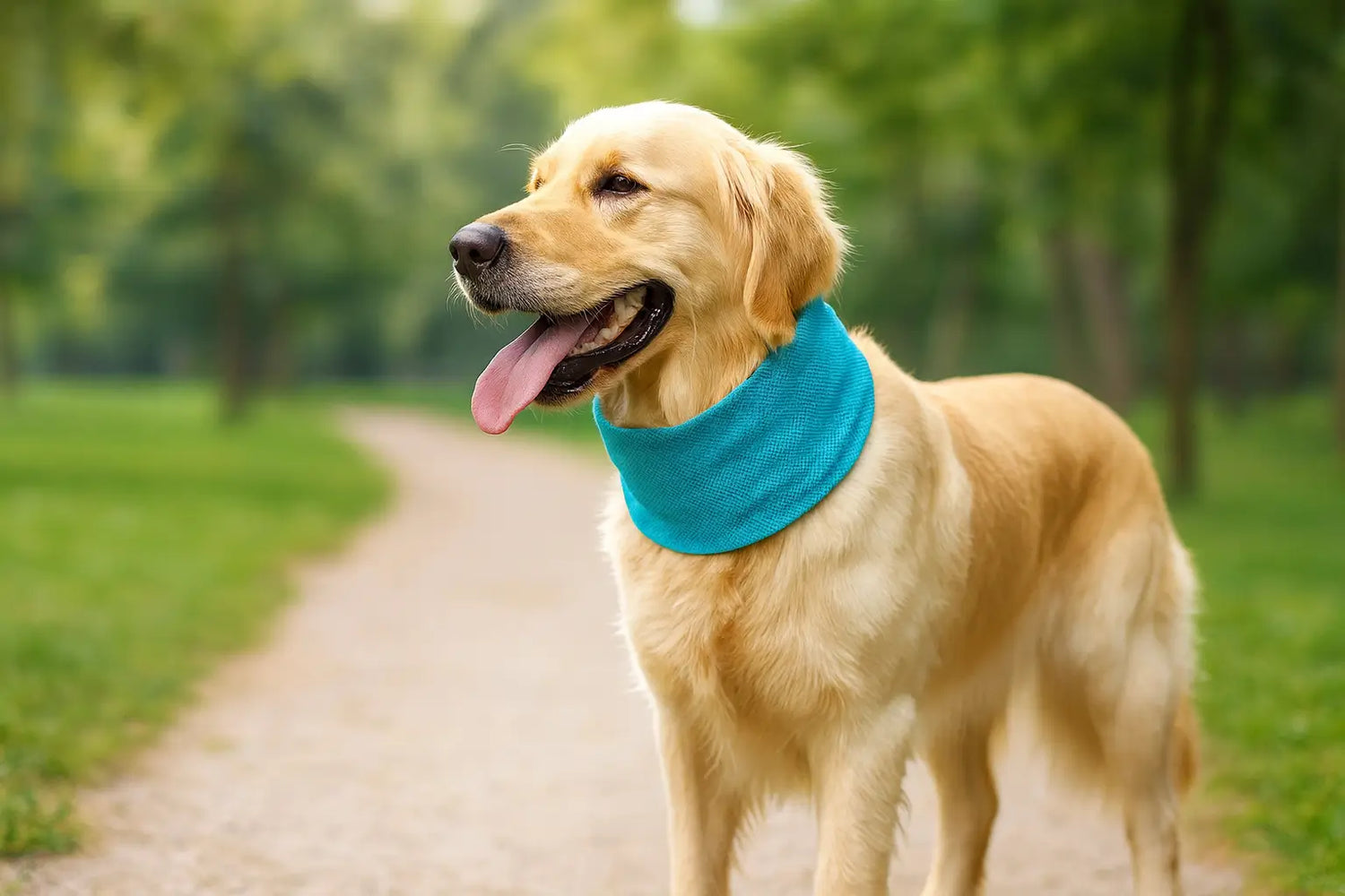 golden retriever trägt ein kühlhalsband für hunde während eines spaziergangs im sommer