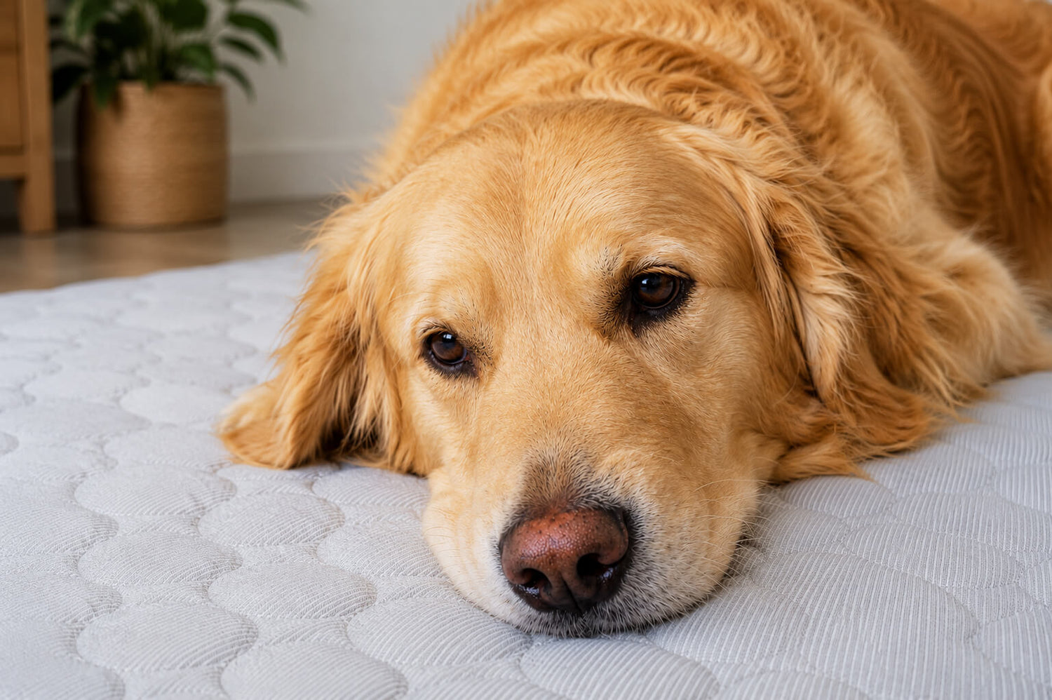 Golden Retriever entspannt auf einer grauen selbstkühlenden Kühlmatte für Hunde ohne Gel.