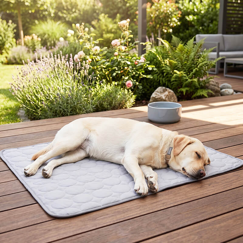 Ein heller Labrador schläft an einem sonnigen Sommertag tief und völlig entspannt auf der Seite auf einer grauen, selbstkühlenden Kühlmatte. Die Matte ohne Gel liegt auf den Dielen einer Holzterrasse in einem idyllischen Garten. Im Hintergrund sind blühende Pflanzen, Sträucher und ein grauer Wassernapf zu sehen.