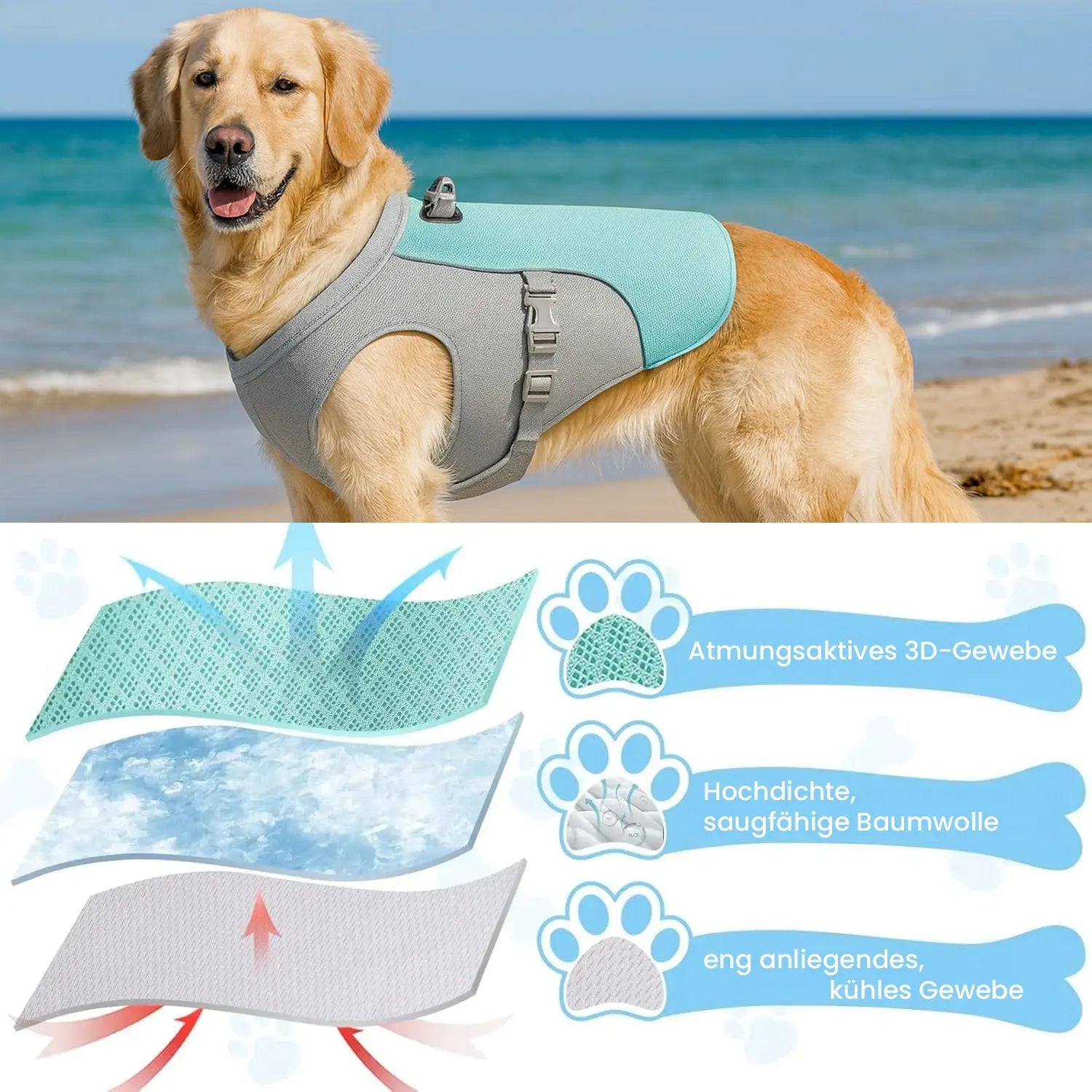 Hunde Kühlweste atmungsaktiv, saugfähig und kühlendes Gewebe