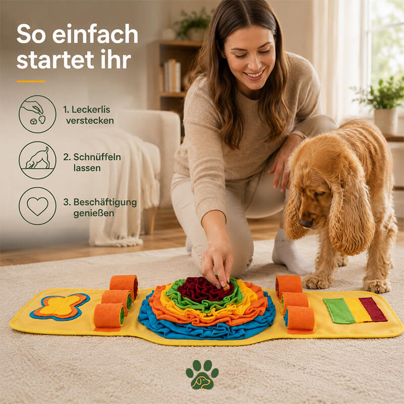 Besitzerin versteckt Leckerlis im Leckerli-Teppich für Hunde, während der Hund auf die anschließende Schnüffel- und Suchbeschäftigung wartet.