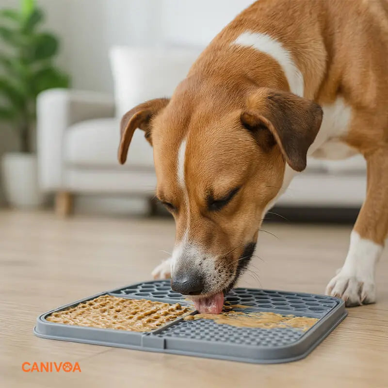 Leckmatte Hund, grau, Hund leckt Snack von Matte, Canivoa, Wohnzimmer