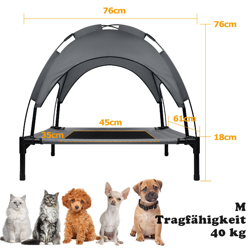 Technische Zeichnung der erhöhten Outdoor Hundeliege mit Dach in Größe M. Angezeigte Maße: 76cm Gesamtbreite, 76cm Gesamthöhe, 18cm Liegehöhe. Die reine Liegefläche misst 45x35x61cm. Belastbarkeit bis 40 kg. Darunter sind Beispiele für Katzen und kleine bis mittelgroße Hunde zu sehen.