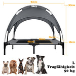 Technische Daten und Maße der erhöhten Outdoor-Hundeliege in Größe L. Die Infografik zeigt eine Breite von 106 cm, eine Gesamthöhe von 95 cm und eine Belastbarkeit bis 60 kg. Ideal für große Hunderassen wie Golden Retriever oder Huskys.